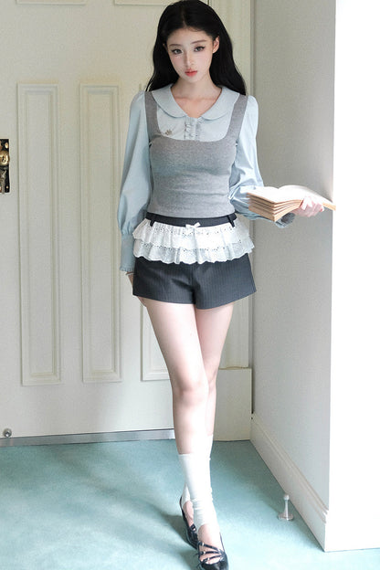 Patchwork Puff Sleeve Top and Shorts Set-Up