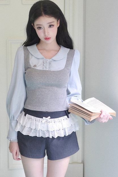 Patchwork Puff Sleeve Top and Shorts Set-Up