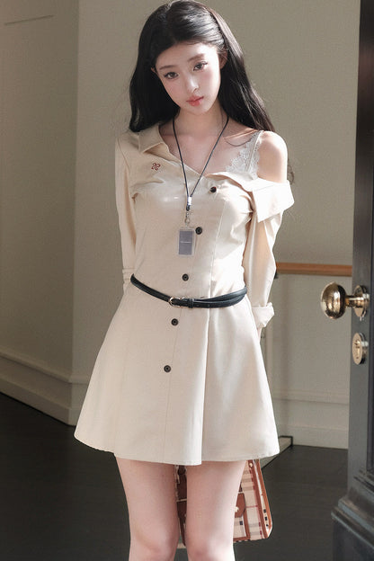 Layered-Look Long-Sleeve Turn-Down Collar Dress