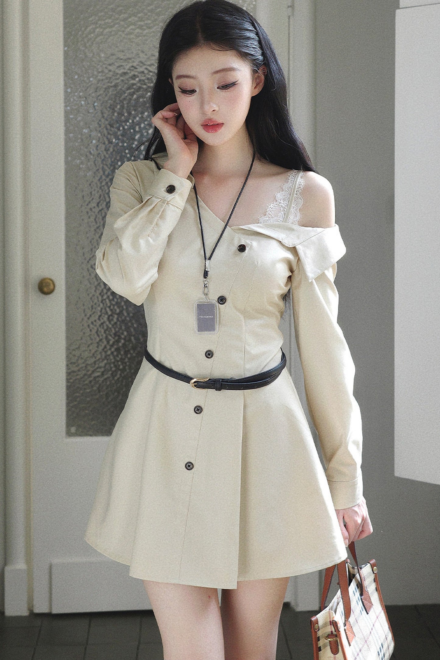 Layered-Look Long-Sleeve Turn-Down Collar Dress