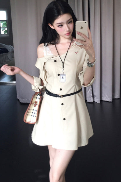 Layered-Look Long-Sleeve Turn-Down Collar Dress