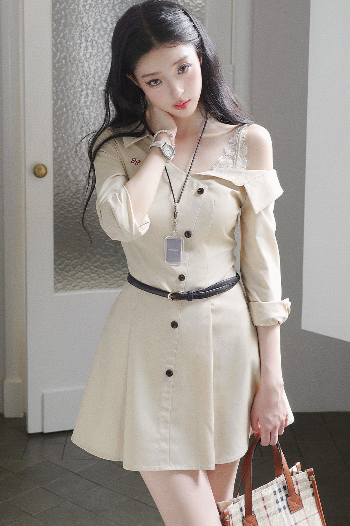 Layered-Look Long-Sleeve Turn-Down Collar Dress