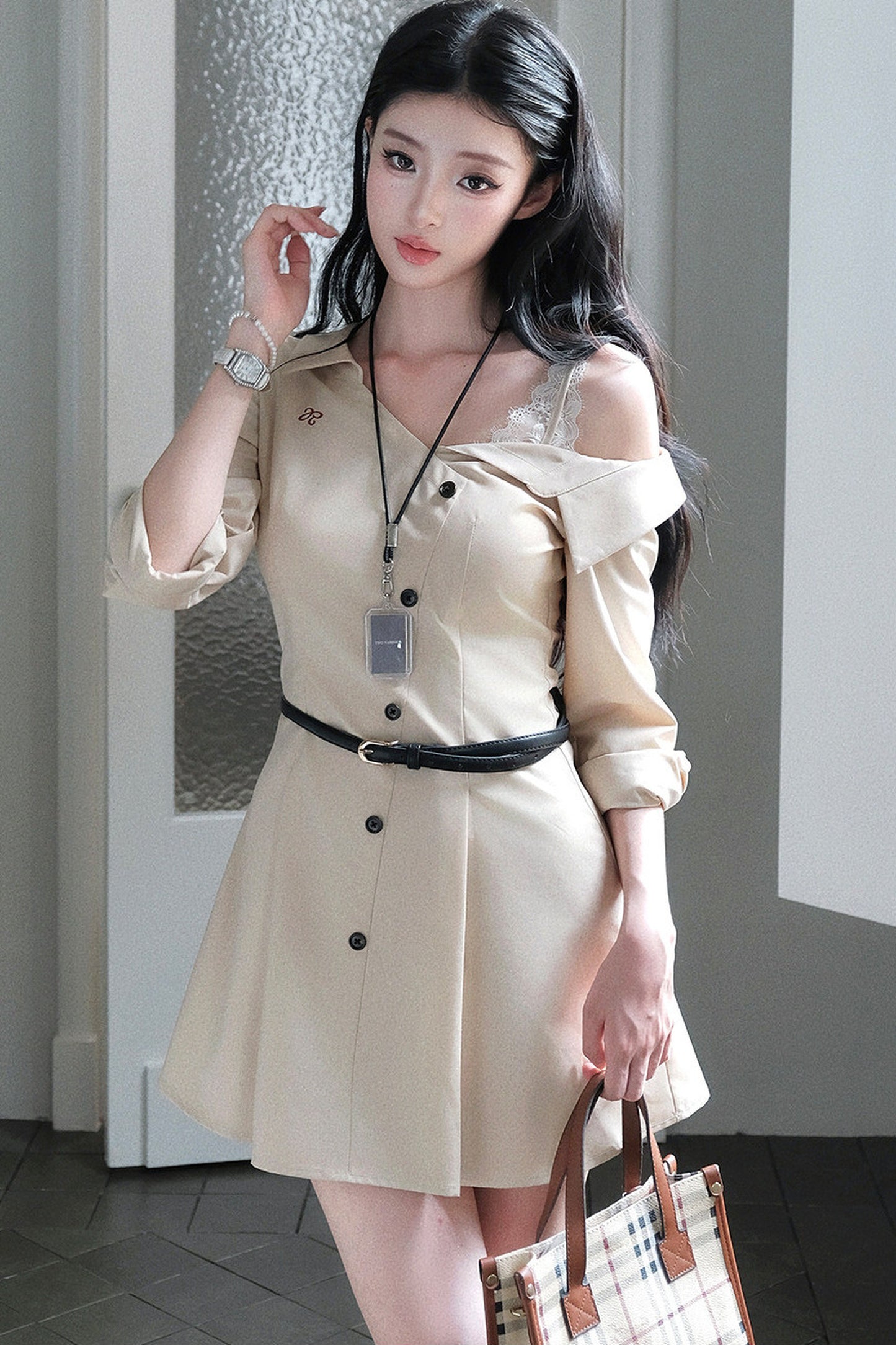 Layered-Look Long-Sleeve Turn-Down Collar Dress