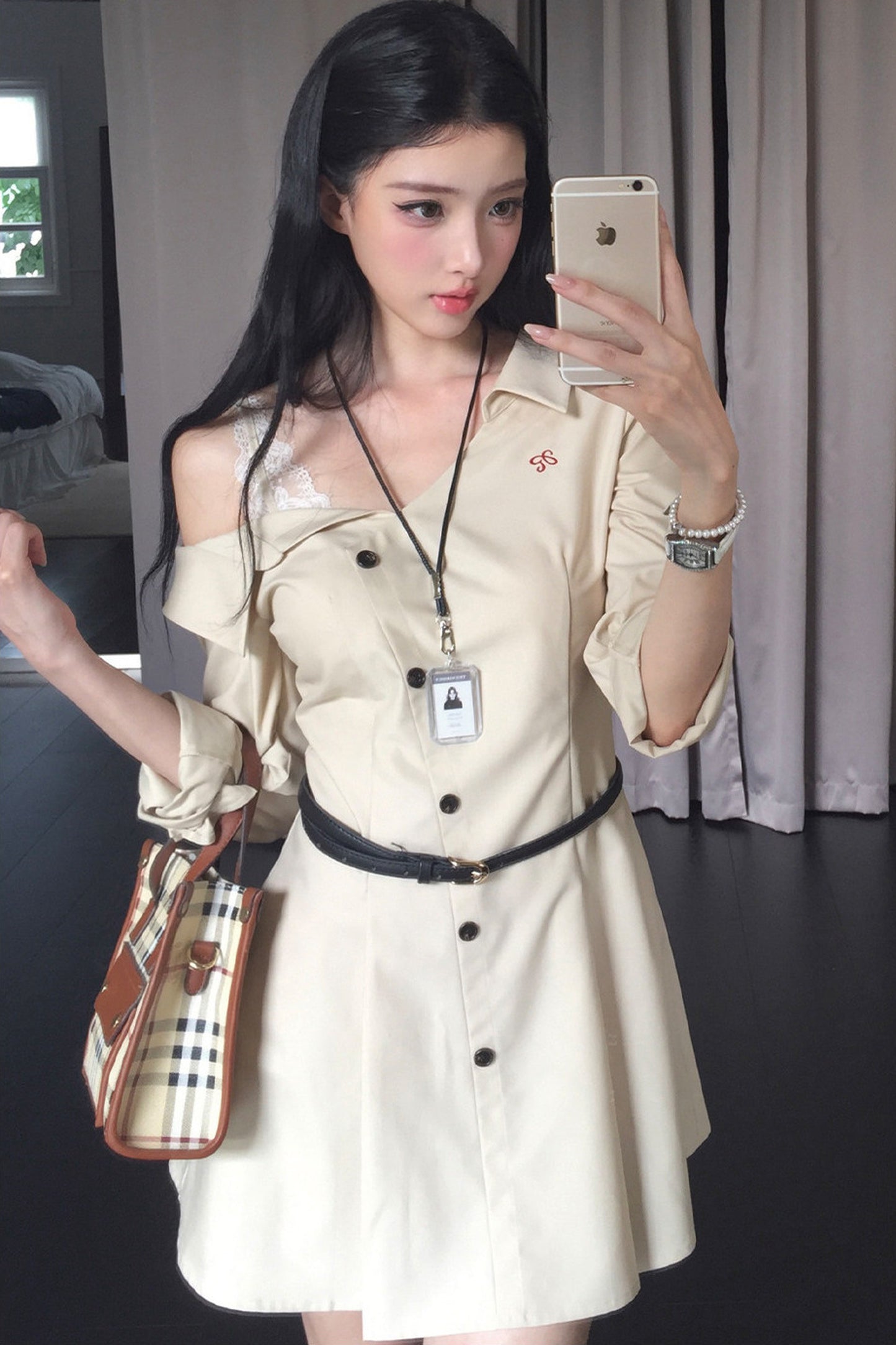 Layered-Look Long-Sleeve Turn-Down Collar Dress