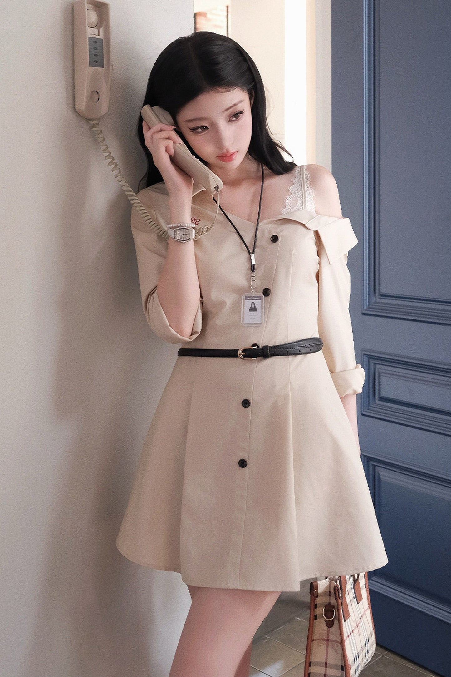 Layered-Look Long-Sleeve Turn-Down Collar Dress