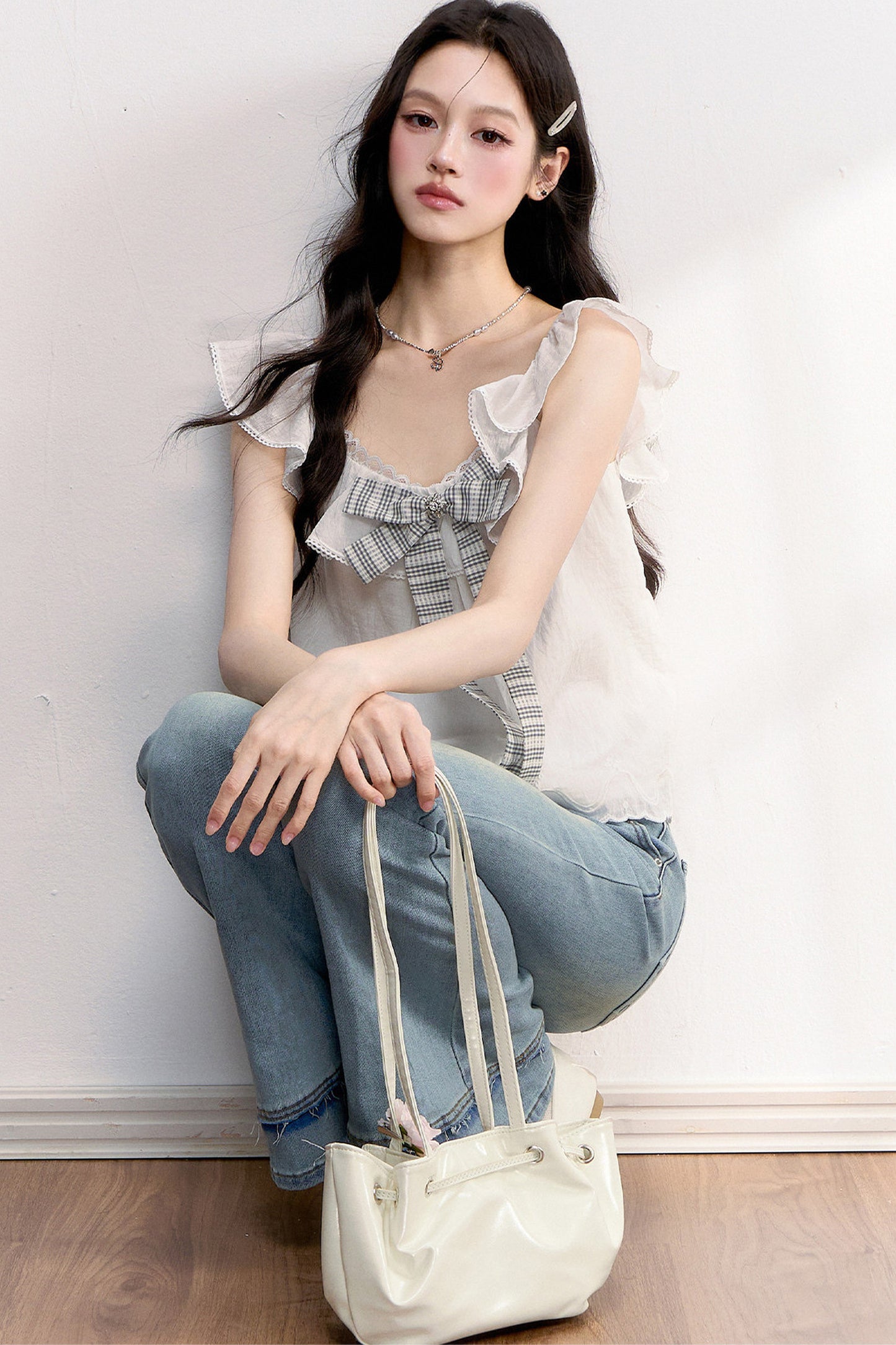 White Plaid Bow Flutter Top
