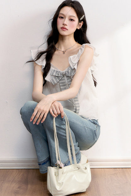 White Plaid Bow Flutter Top