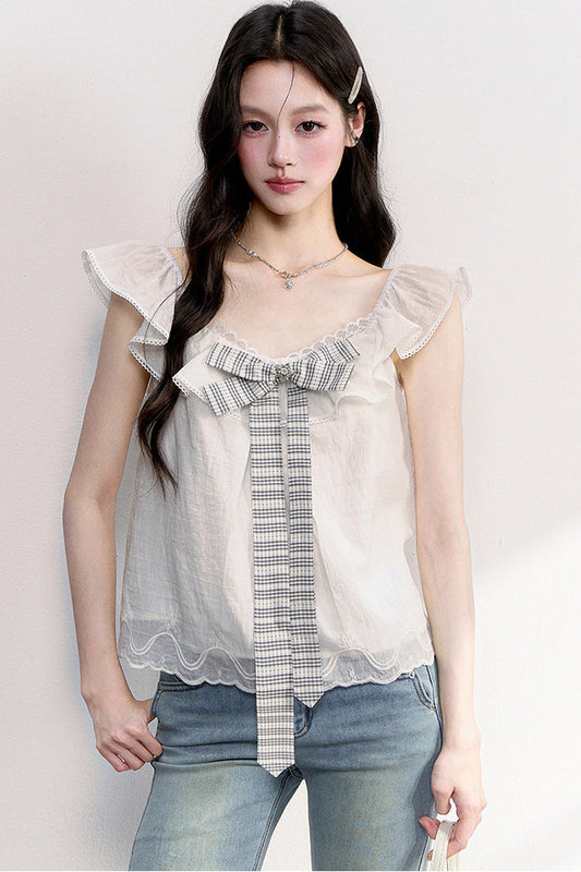 White Plaid Bow Flutter Top