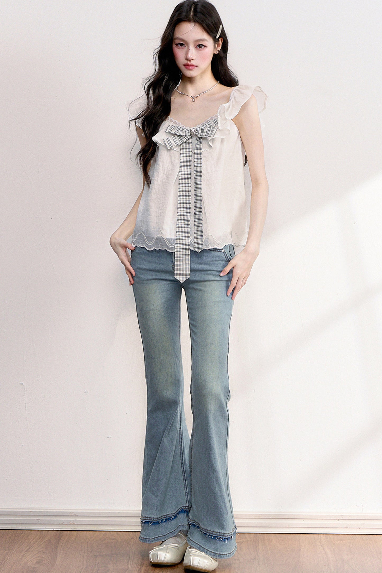 White Plaid Bow Flutter Top