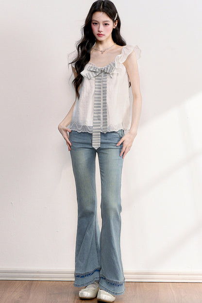 White Plaid Bow Flutter Top