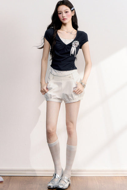 Floral Ruched Fake Two-Piece T-Shirt