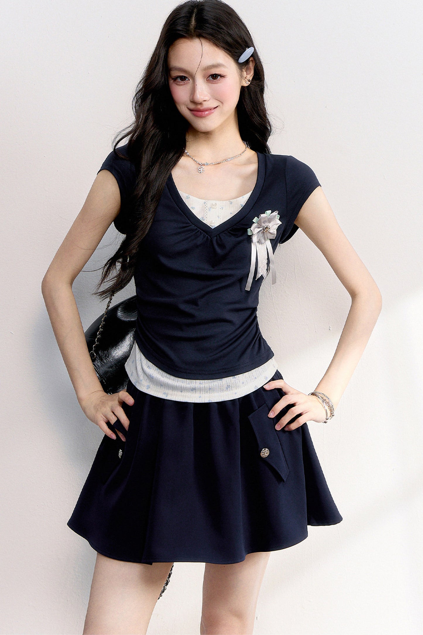 Floral Ruched Fake Two-Piece T-Shirt