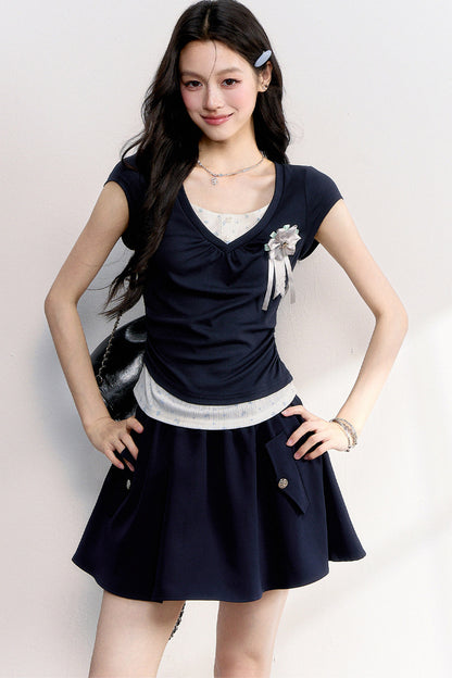 Floral Ruched Fake Two-Piece T-Shirt
