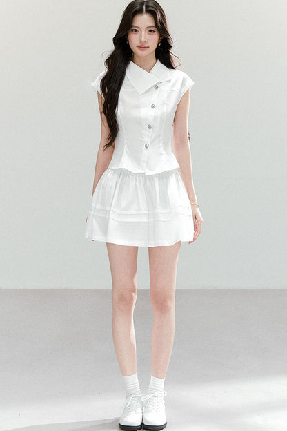 Asymmetrical Lapel Waist-Cinching Top Set-Up