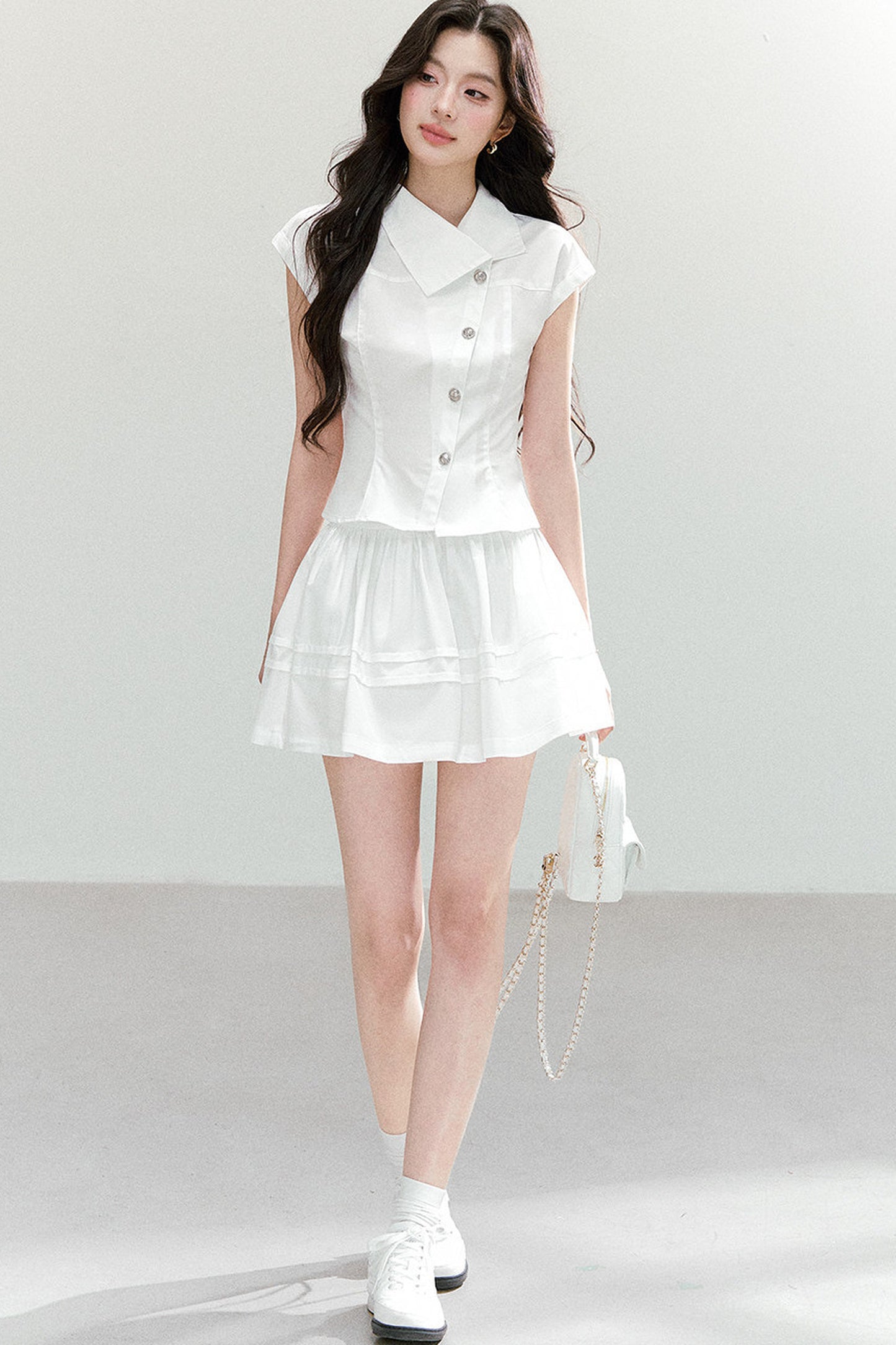 Asymmetrical Lapel Waist-Cinching Top Set-Up