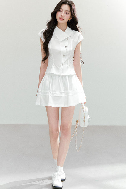 Asymmetrical Lapel Waist-Cinching Top Set-Up