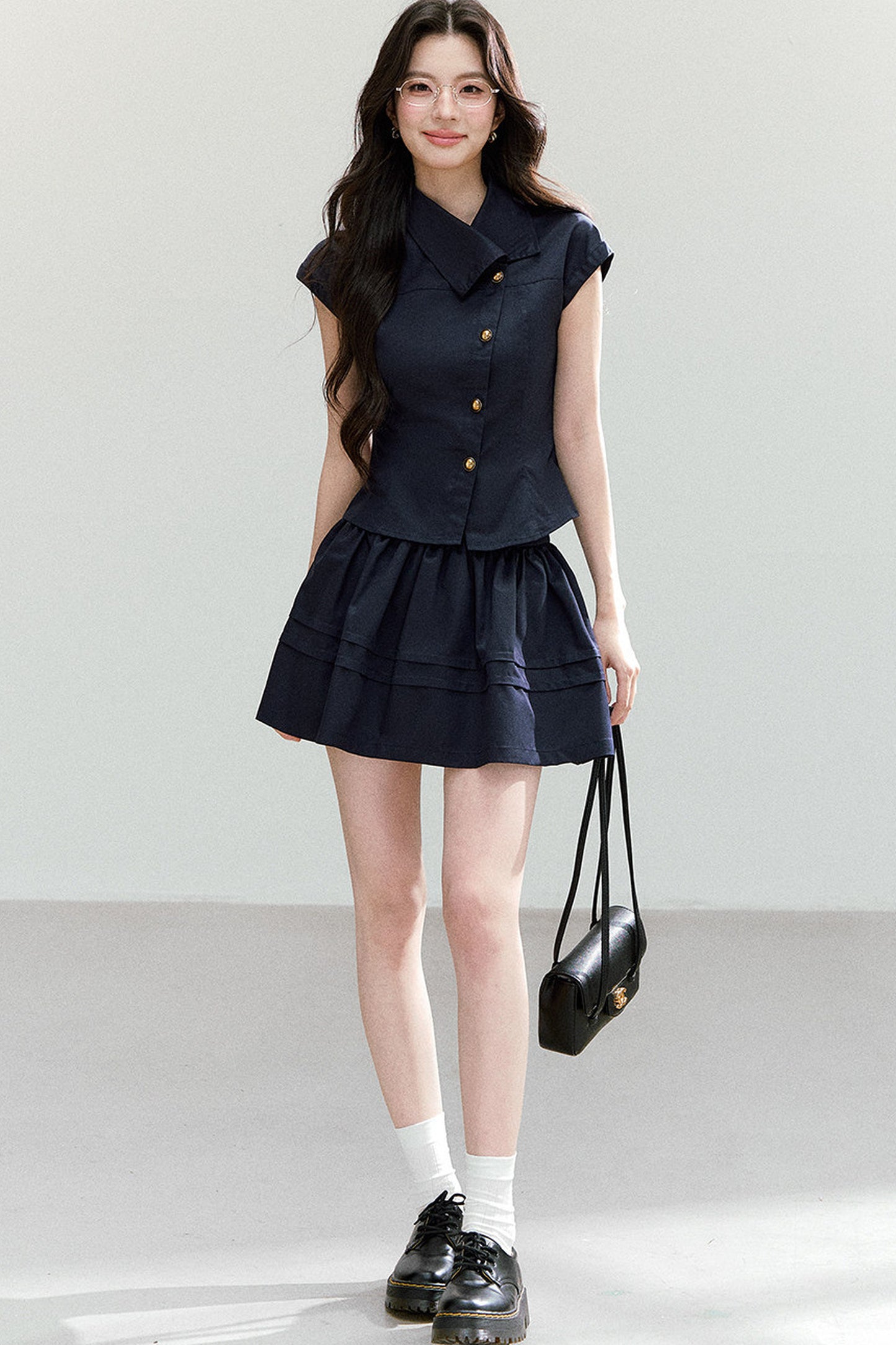 Asymmetrical Lapel Waist-Cinching Top Set-Up