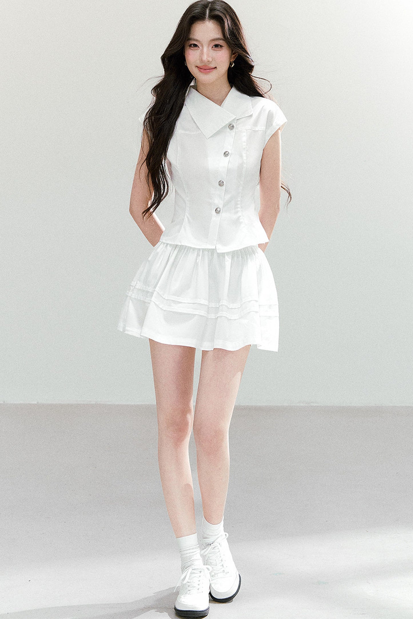Asymmetrical Lapel Waist-Cinching Top Set-Up