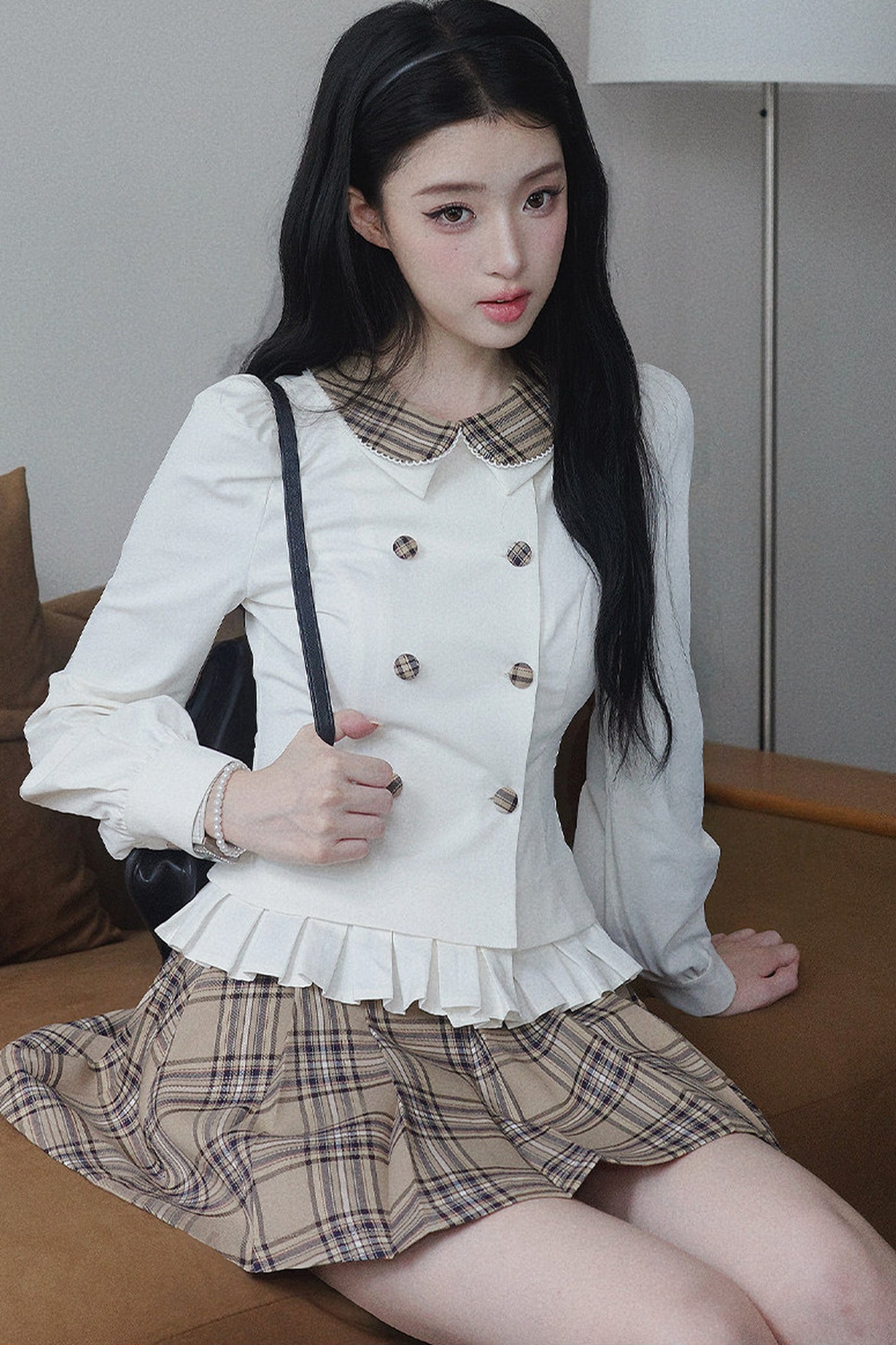 Lapel Knit Cardigan & Pleated Skirt Set-Up