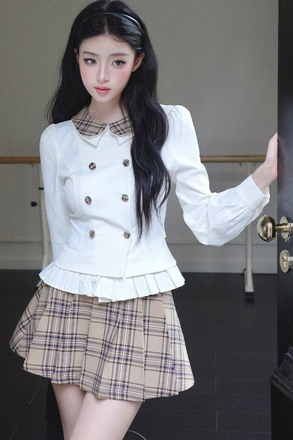 Lapel Knit Cardigan & Pleated Skirt Set-Up