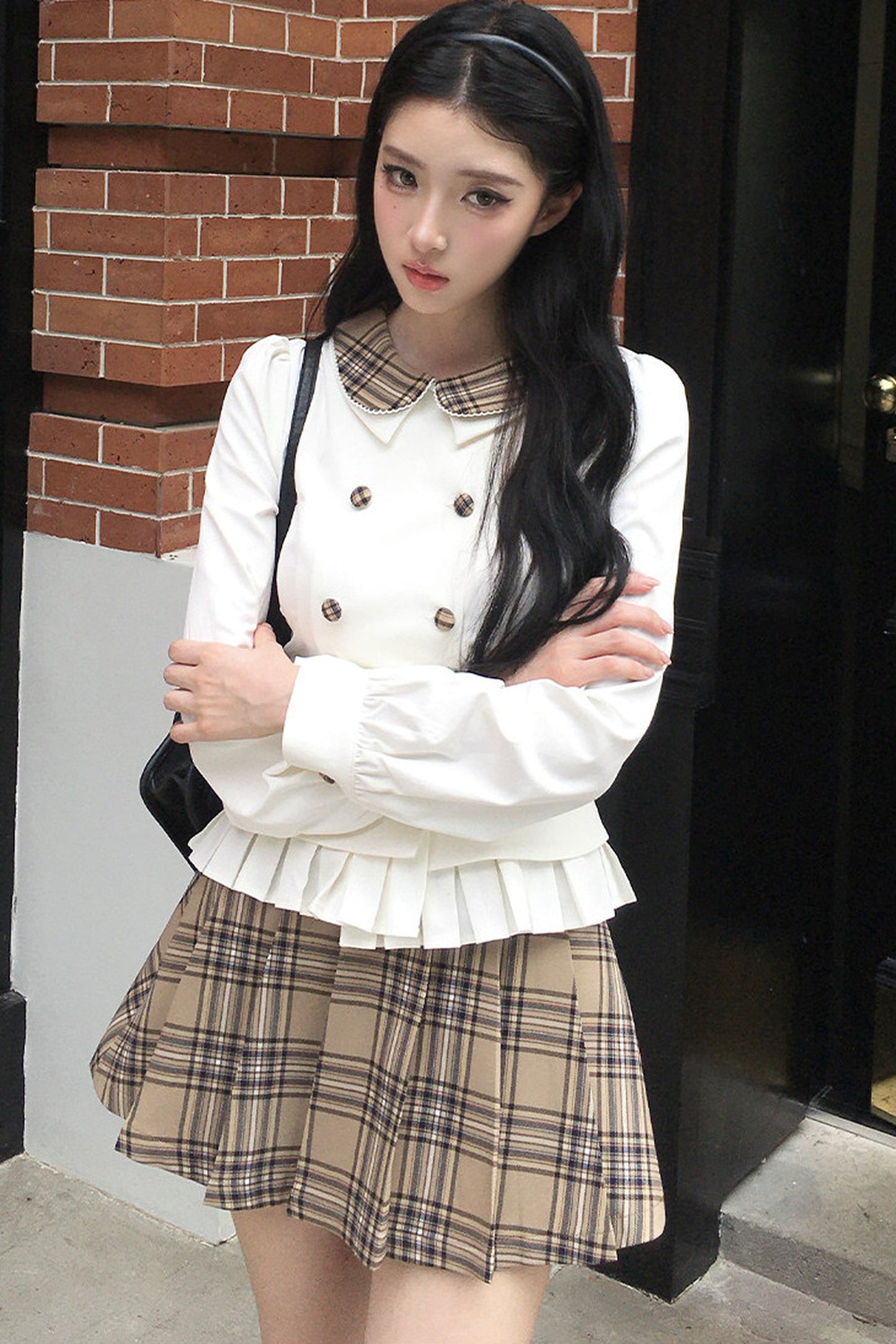 Lapel Knit Cardigan & Pleated Skirt Set-Up