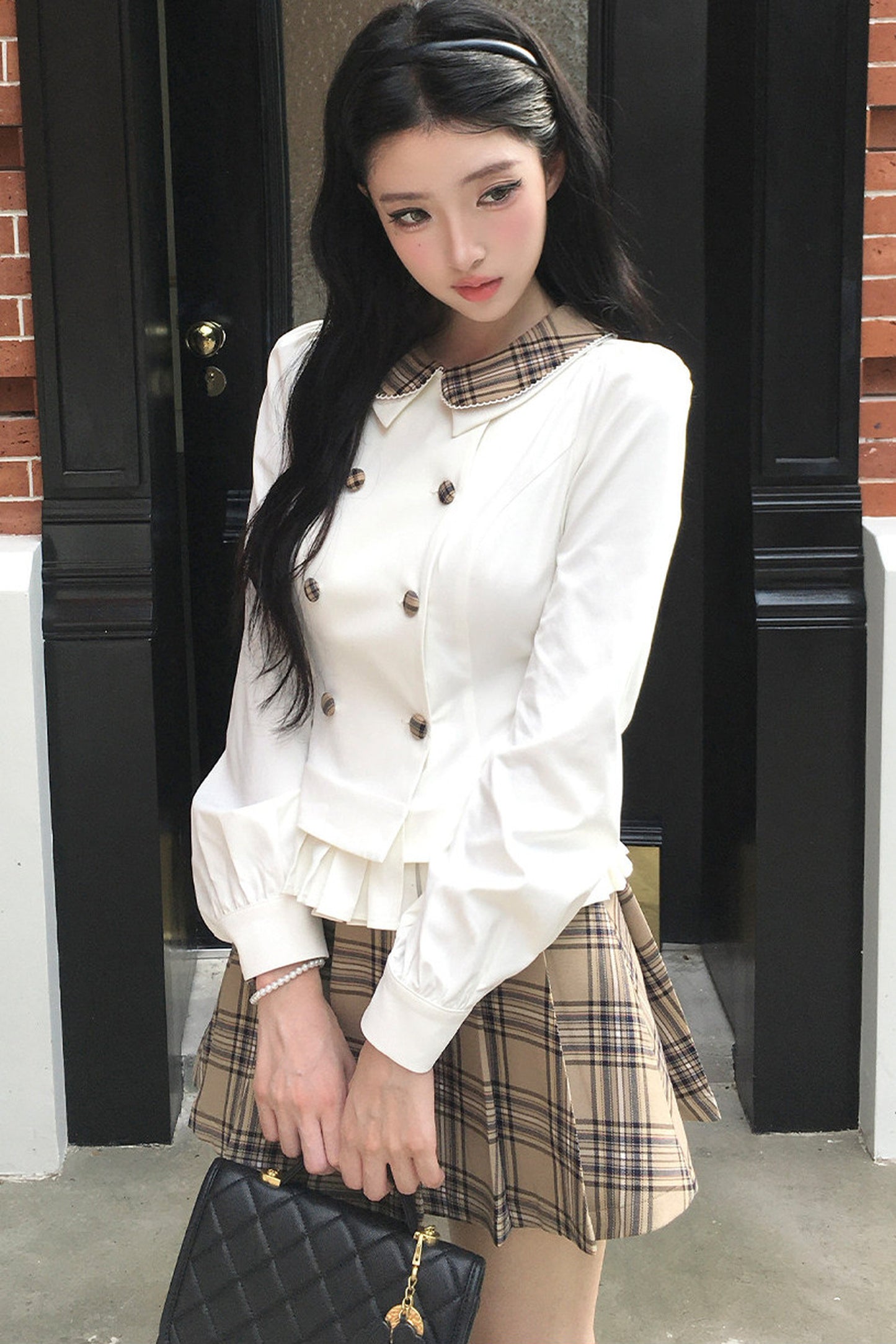 Lapel Knit Cardigan & Pleated Skirt Set-Up