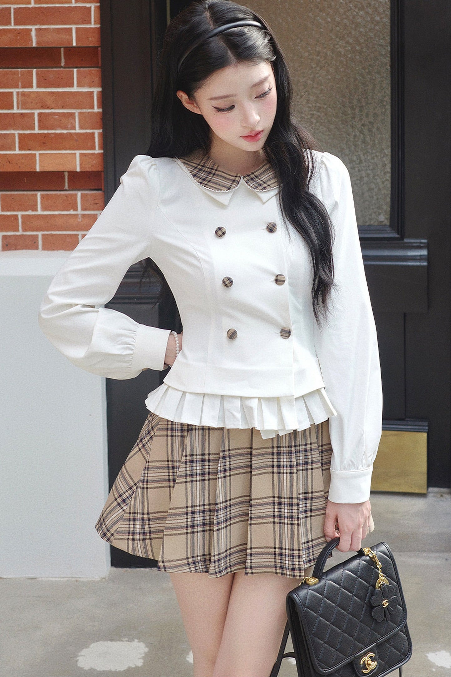 Lapel Knit Cardigan & Pleated Skirt Set-Up