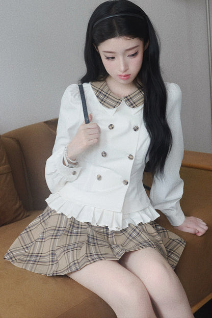 Lapel Knit Cardigan & Pleated Skirt Set-Up