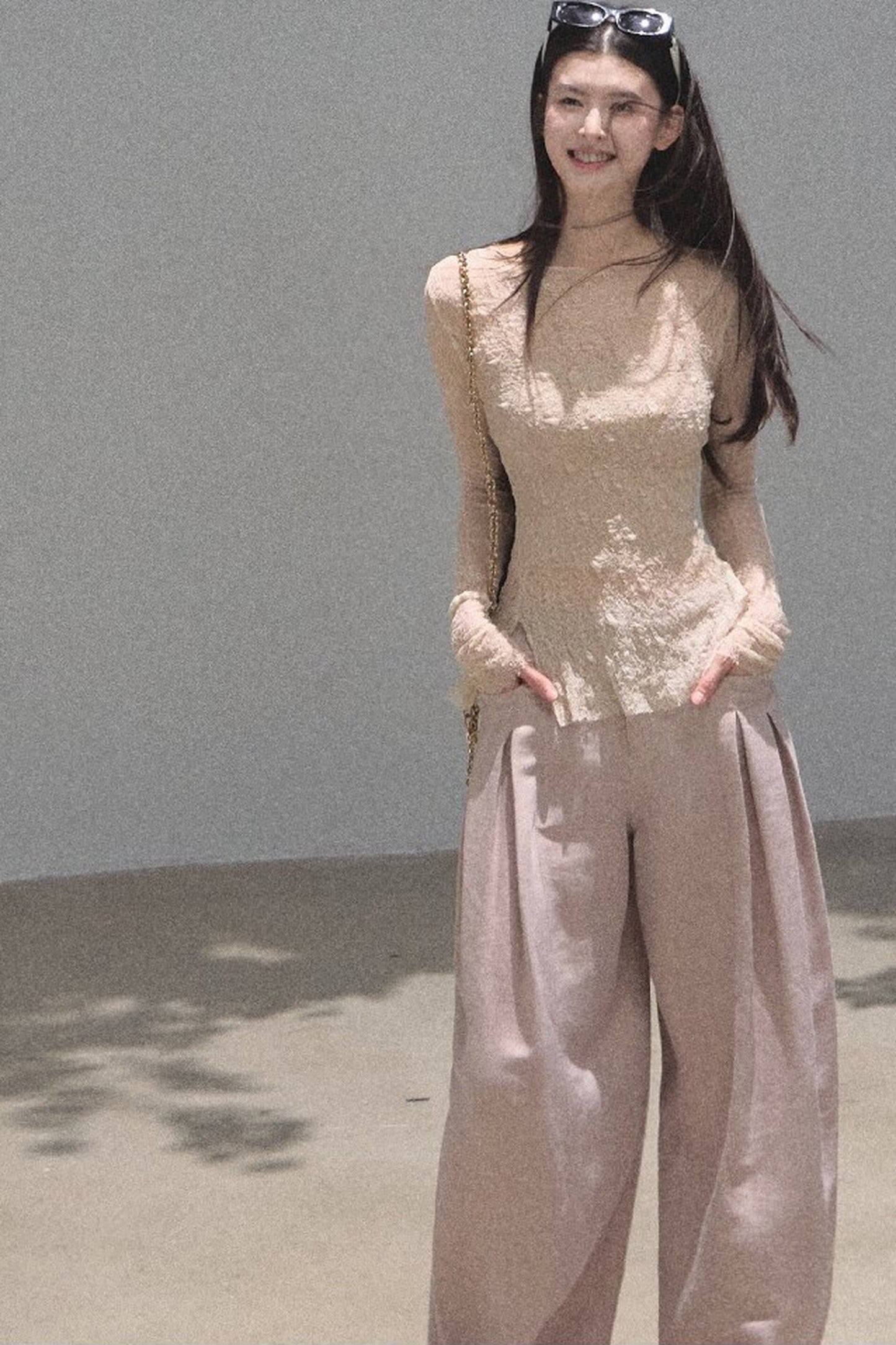 Silver Textured Knit Lace Blouse