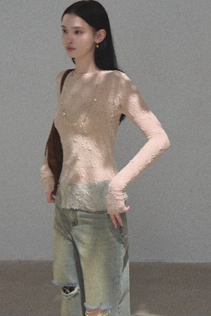 Silver Textured Knit Lace Blouse