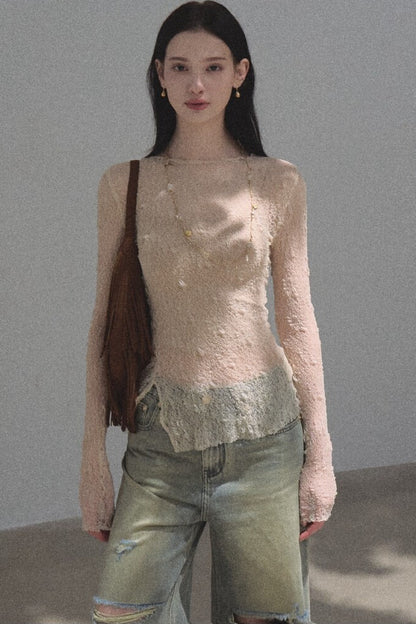 Silver Textured Knit Lace Blouse