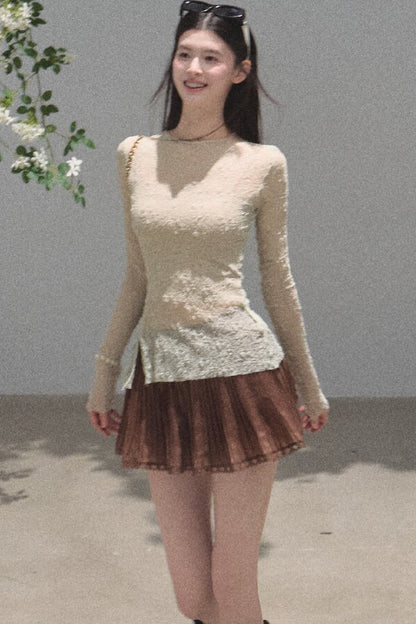 Silver Textured Knit Lace Blouse