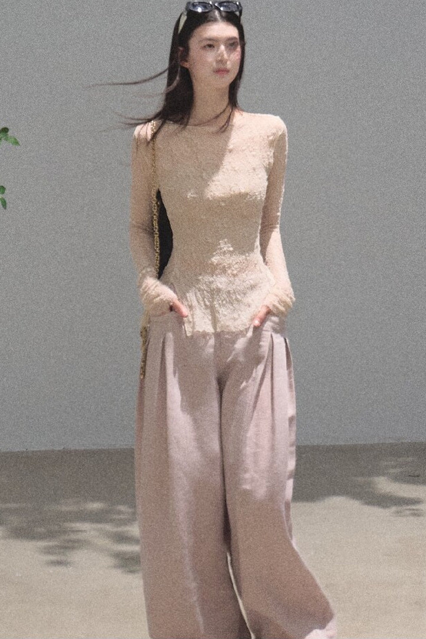 Silver Textured Knit Lace Blouse