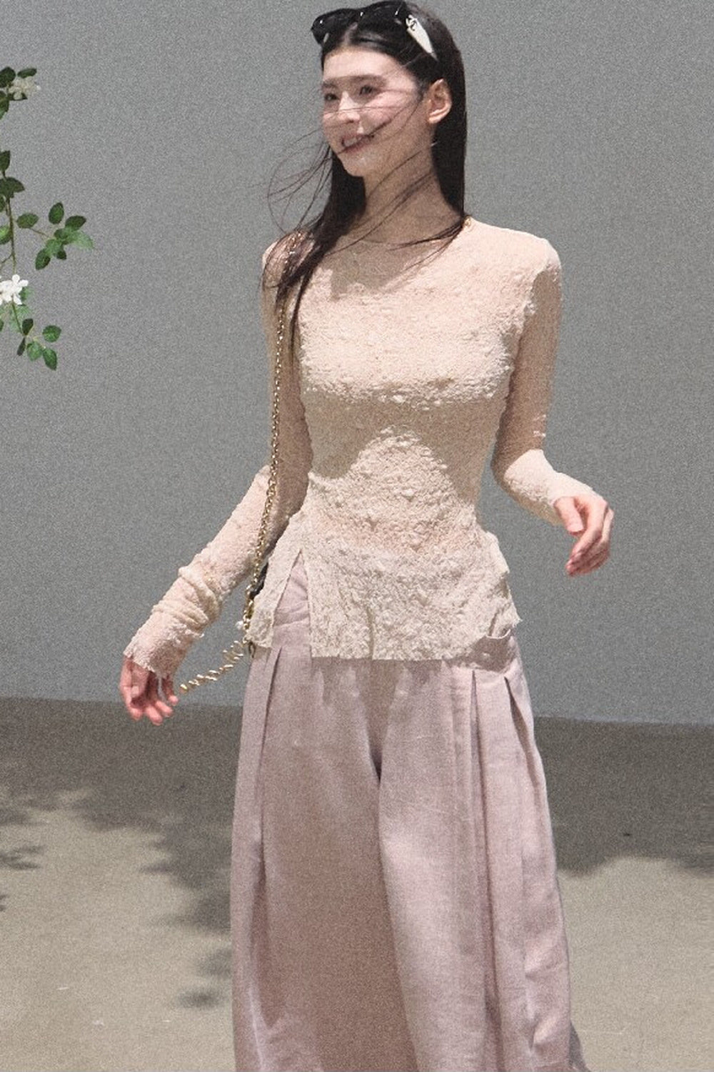 Silver Textured Knit Lace Blouse