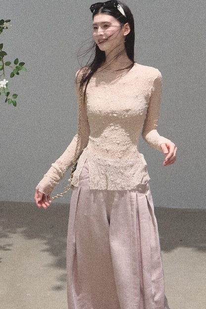 Silver Textured Knit Lace Blouse