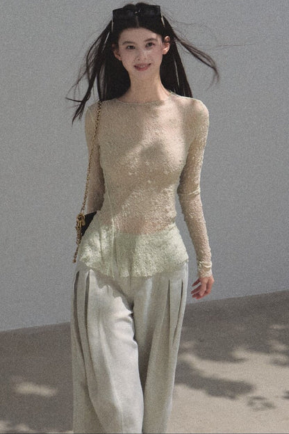 Silver Textured Knit Lace Blouse