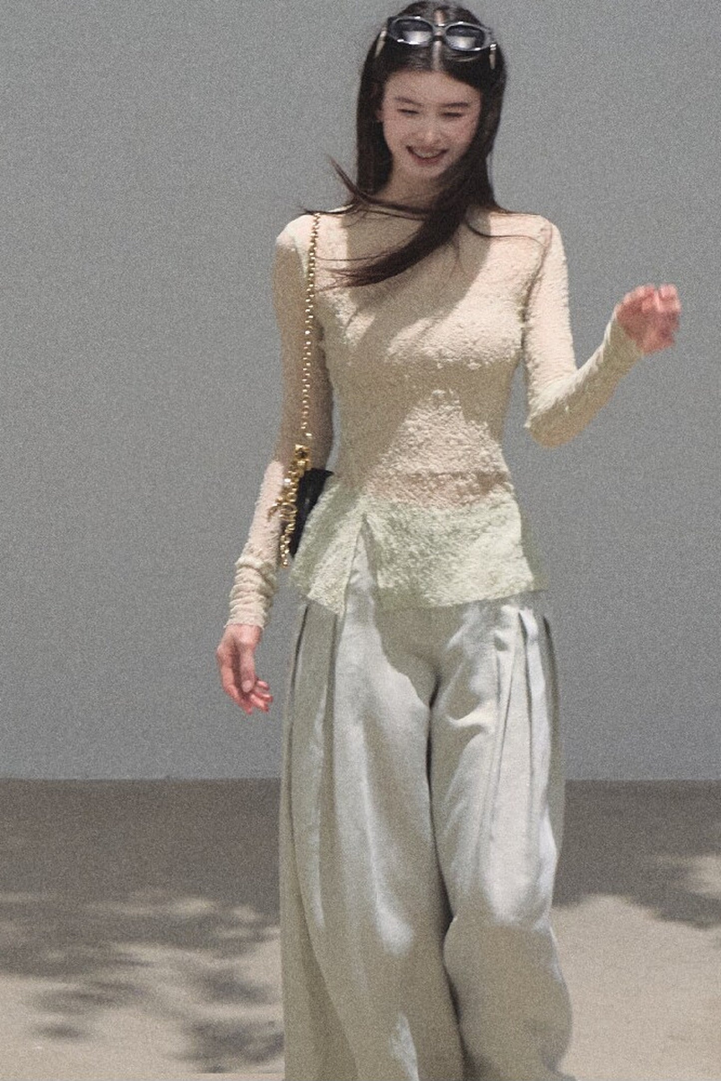 Silver Textured Knit Lace Blouse
