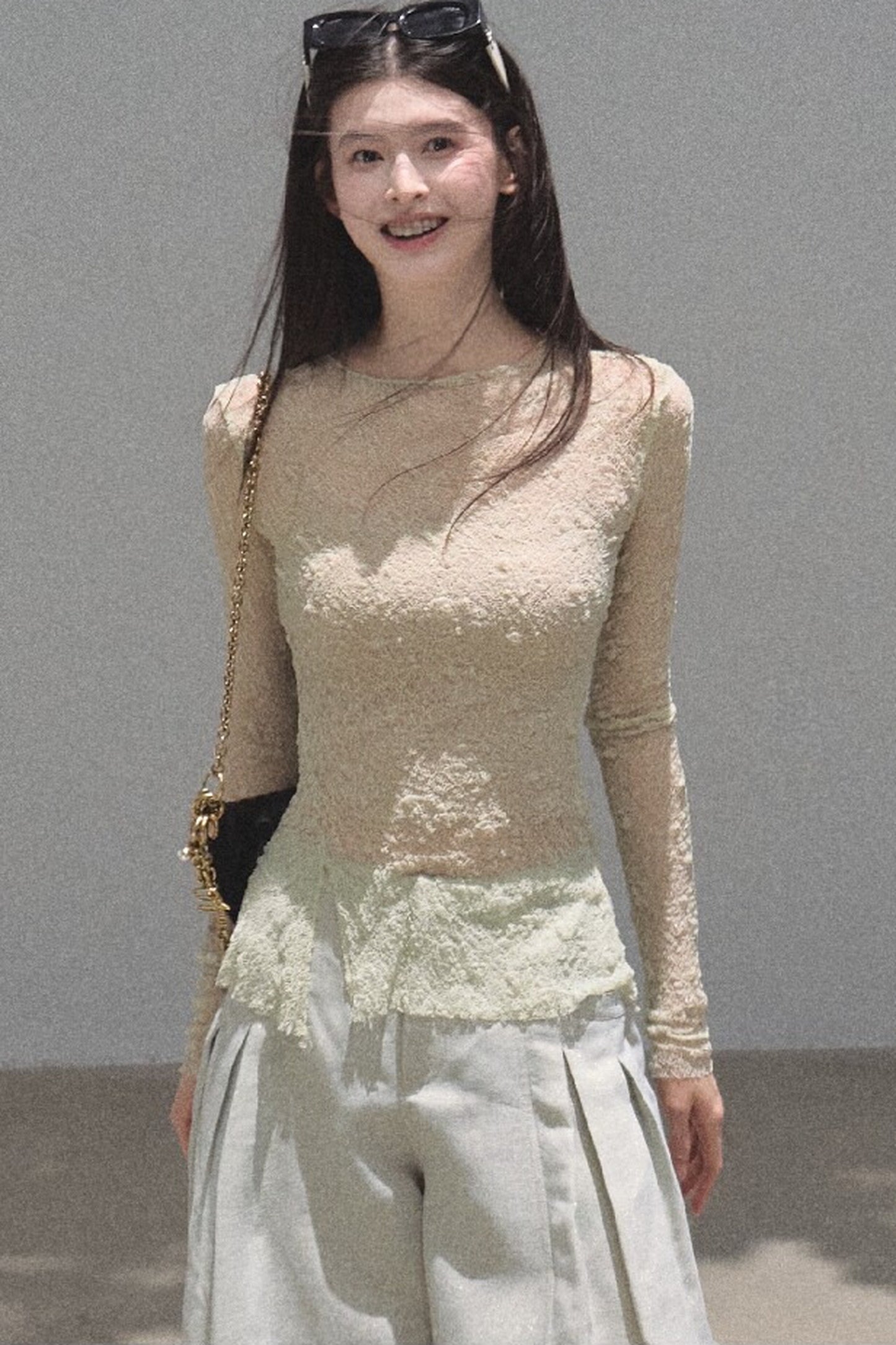 Silver Textured Knit Lace Blouse