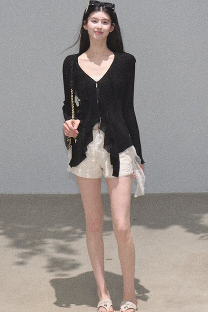 Shimmer V-Neck Long-Sleeve Blouse Top
