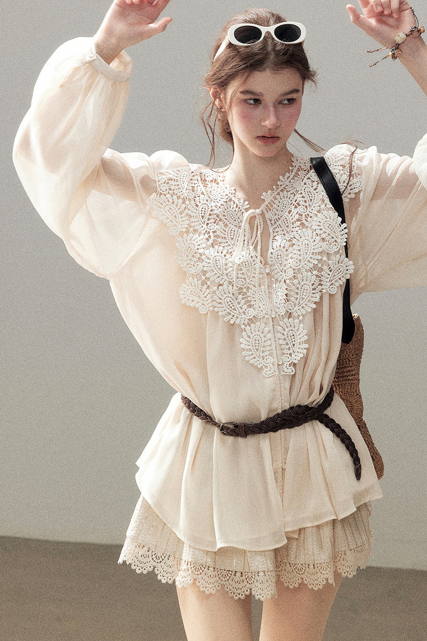French Style Lace Trim Chiffon Top