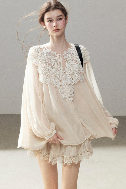French Style Lace Trim Chiffon Top