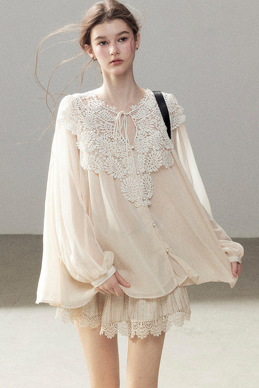 French Style Lace Trim Chiffon Top