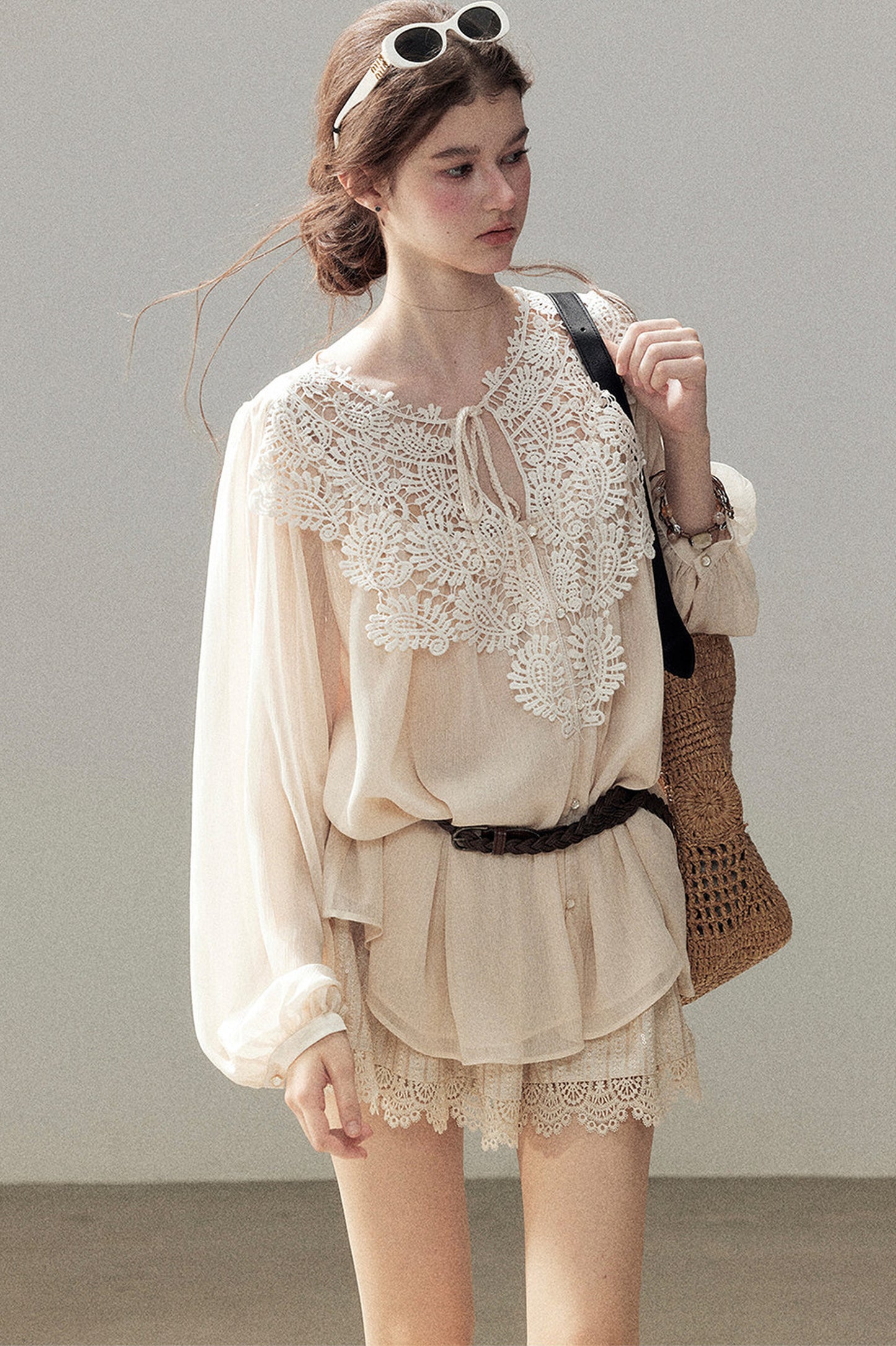 French Style Lace Trim Chiffon Top