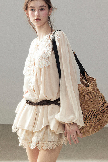 French Style Lace Trim Chiffon Top