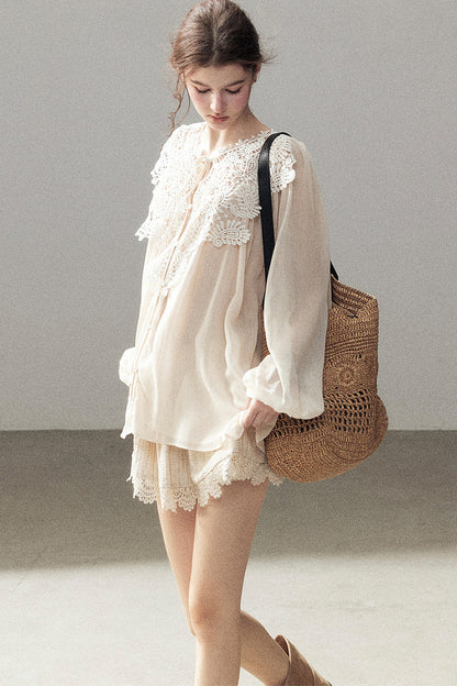 French Style Lace Trim Chiffon Top