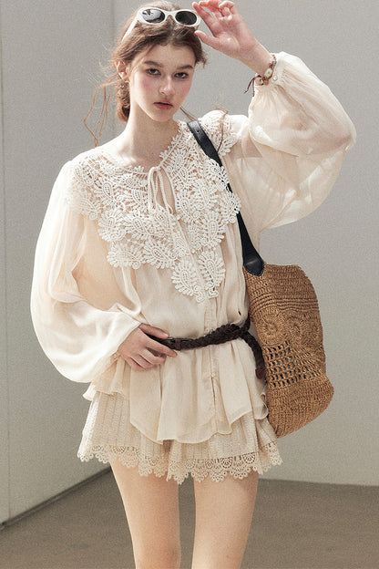 French Style Lace Trim Chiffon Top