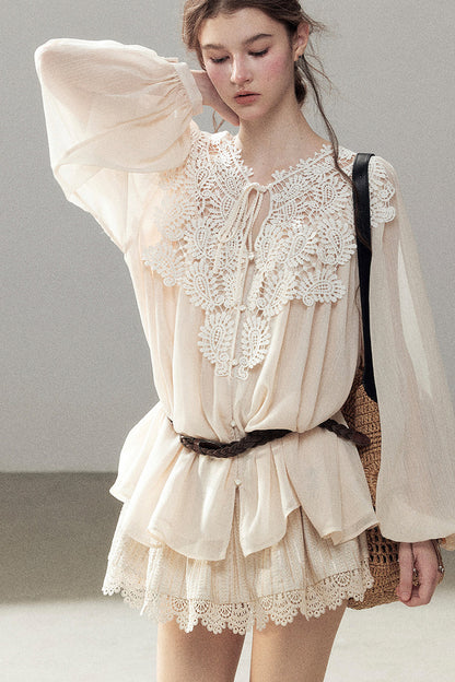 French Style Lace Trim Chiffon Top