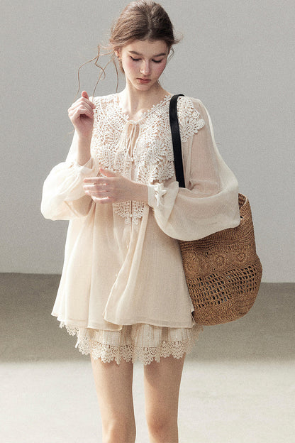 French Style Lace Trim Chiffon Top