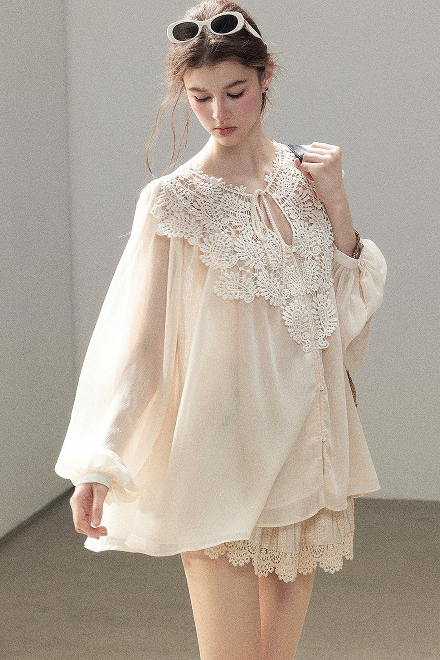French Style Lace Trim Chiffon Top