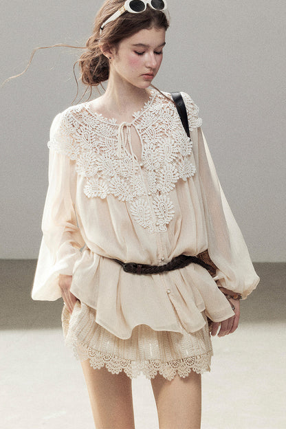 French Style Lace Trim Chiffon Top